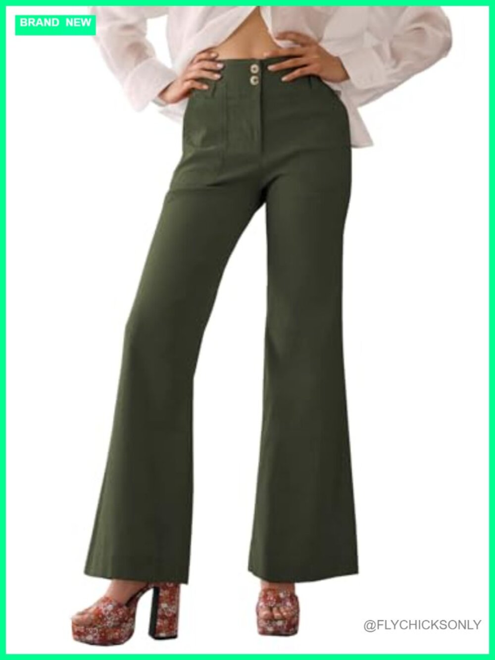 Womens High Rise Wide Leg Flare Trouser Pants Stretch Twill Pockets